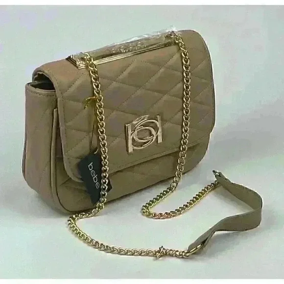 NEW! Bebe Women's Abigail Smooth Flap Shoulder Bag In Beige NWT $89 - Picture 2 of 5